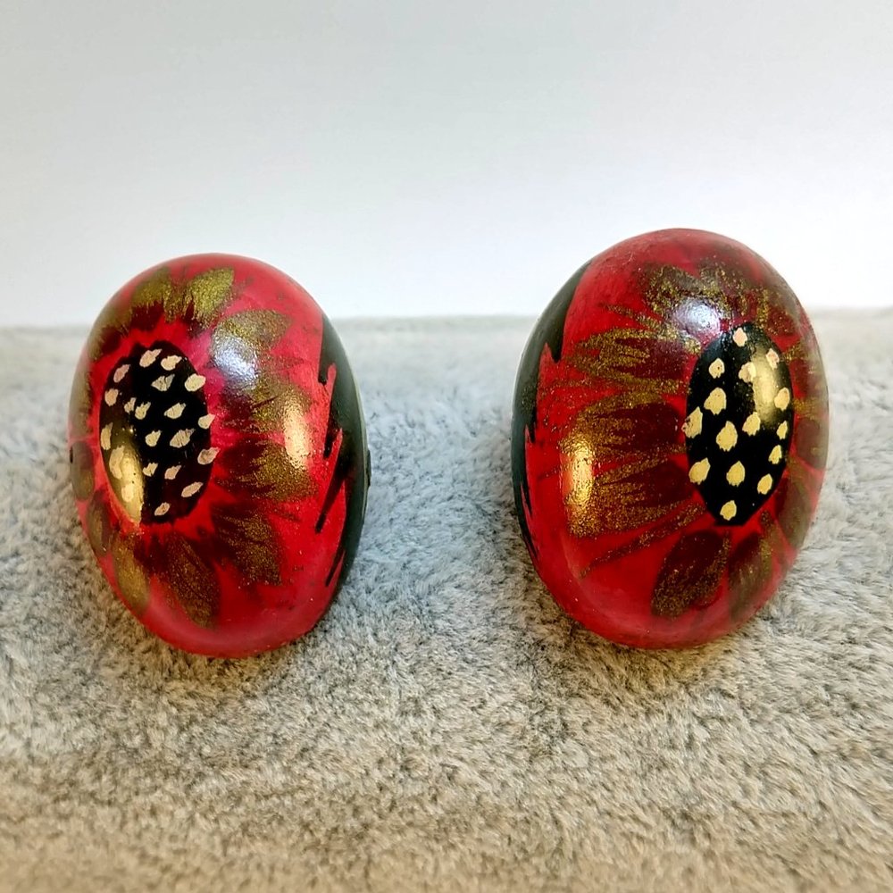 Hand Painted Sunflower Earrings Wood Red Gold Floral Boho Cottagecore Handmade